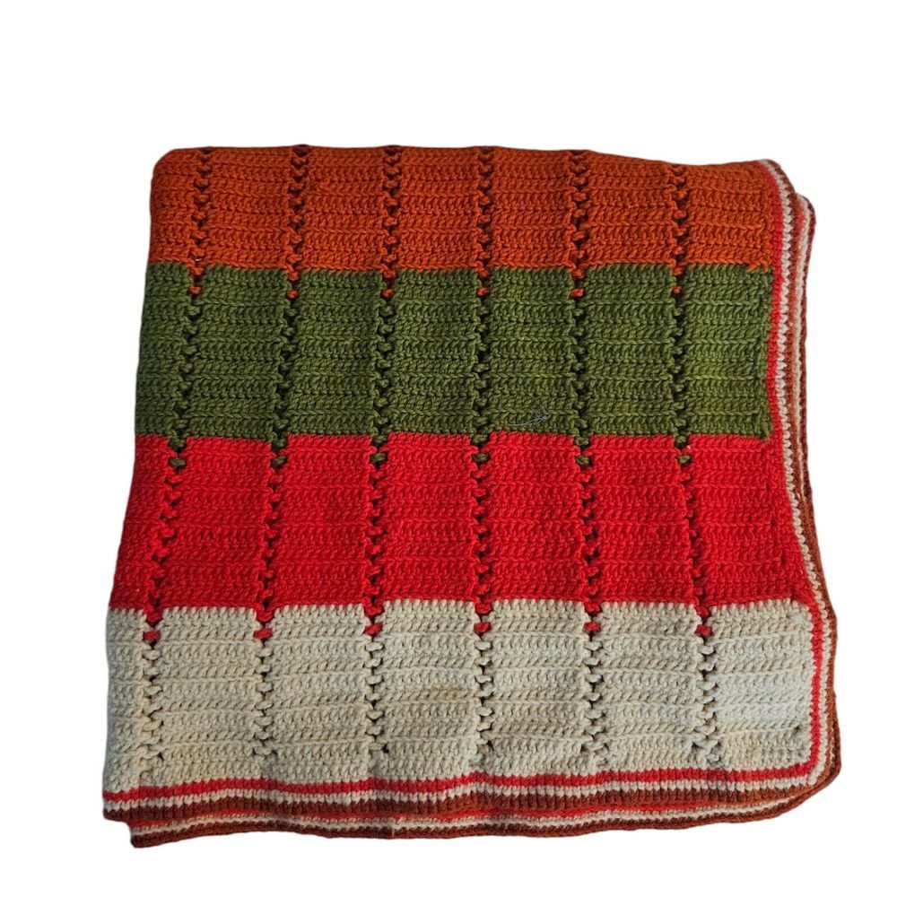 Handmade Autumn Colors Crocheted Lap Blanket 6' X 3'‎ Orange Red Green Throw